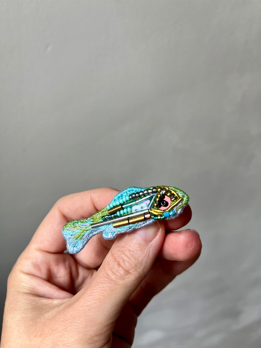 Handmade Embroidered Brooch – Fish (Blue & Green)