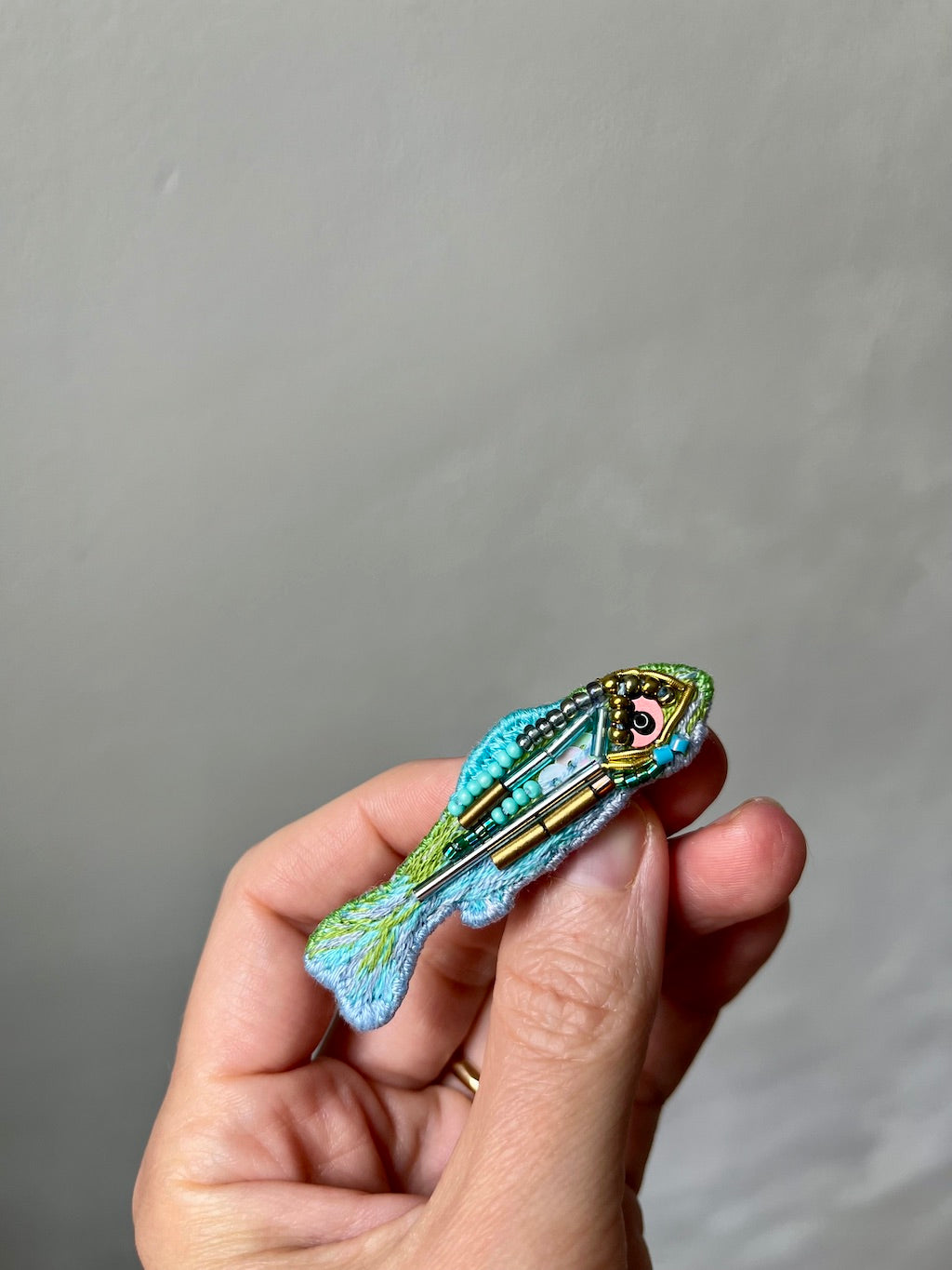 Handmade Embroidered Brooch – Fish (Blue & Green)