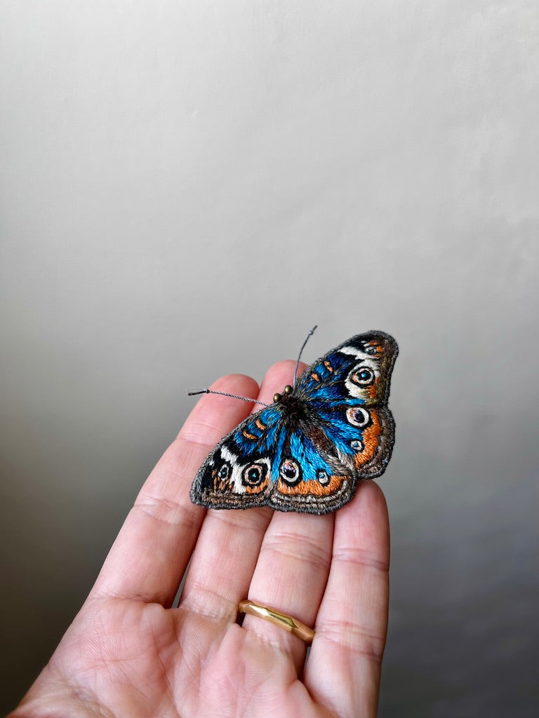 Handmade Embroidered Brooch – The Blue Common Buckeye Butterfly