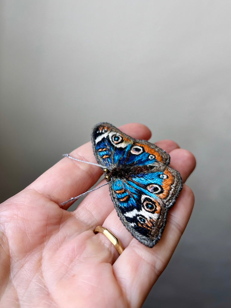 Handmade Embroidered Brooch – The Blue Common Buckeye Butterfly