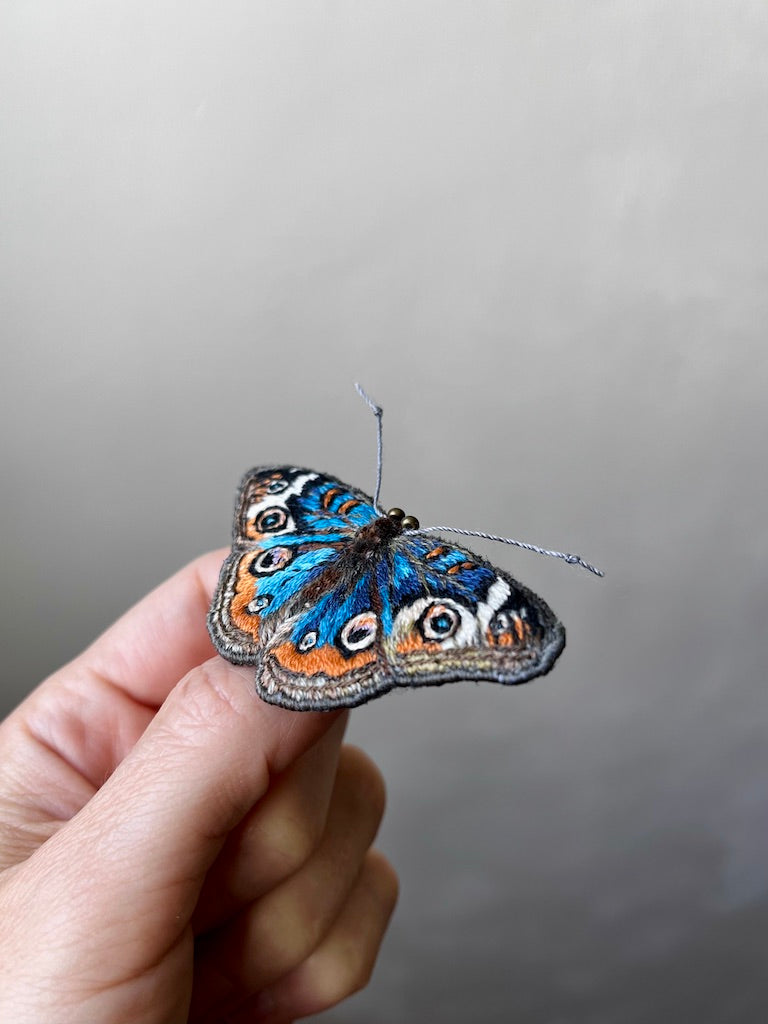 Handmade Embroidered Brooch – The Blue Common Buckeye Butterfly