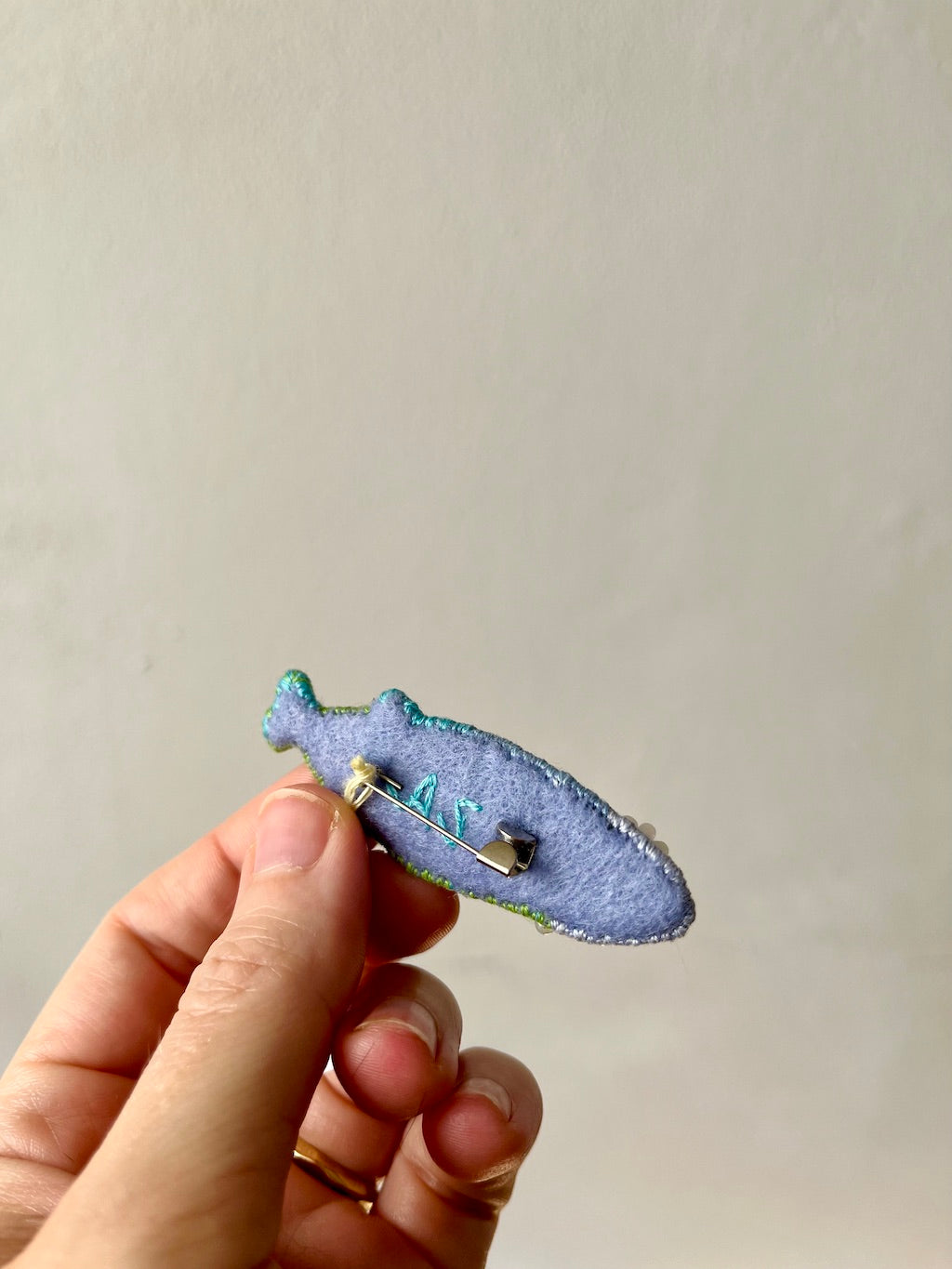 Handmade Embroidered Brooch – Fish (Blue & Green)