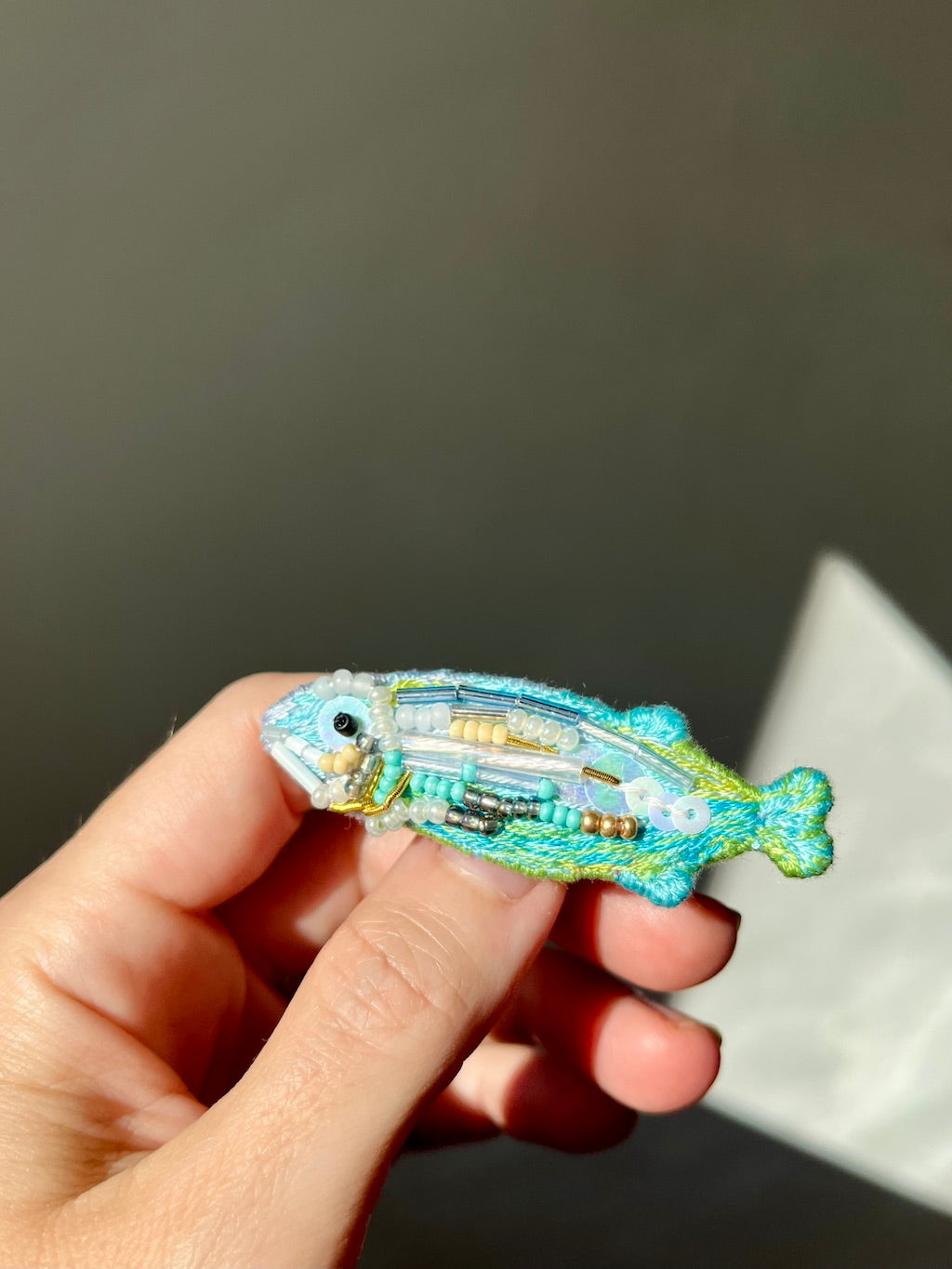 Handmade Embroidered Brooch – Fish (Blue & Green)