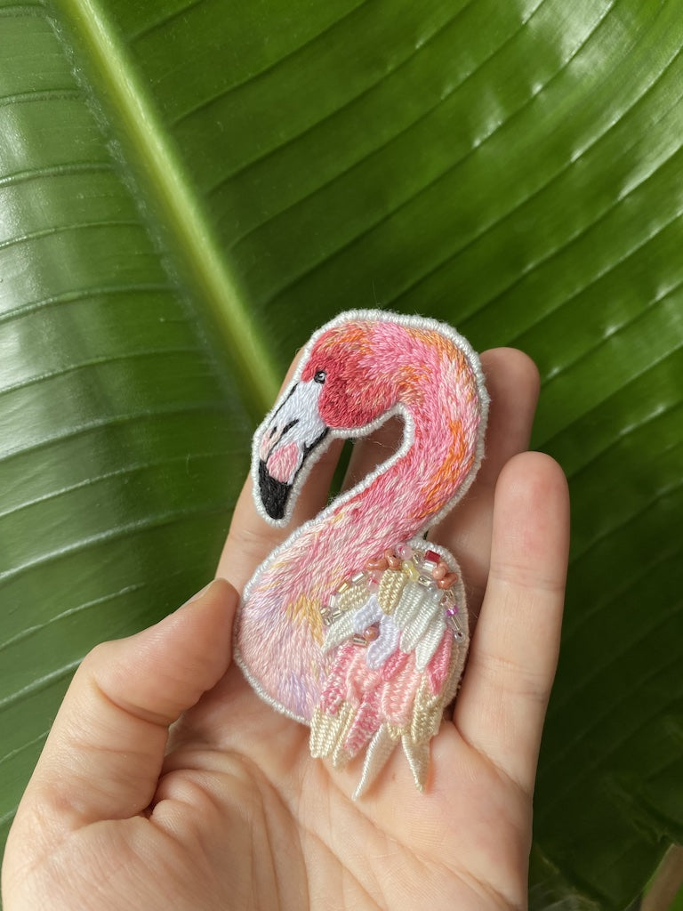 Handmade Embroidered Brooch – Pink Flamingo