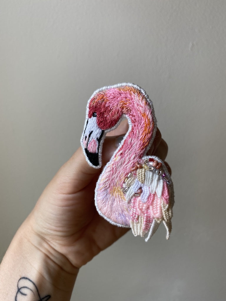 Handmade Embroidered Brooch – Pink Flamingo