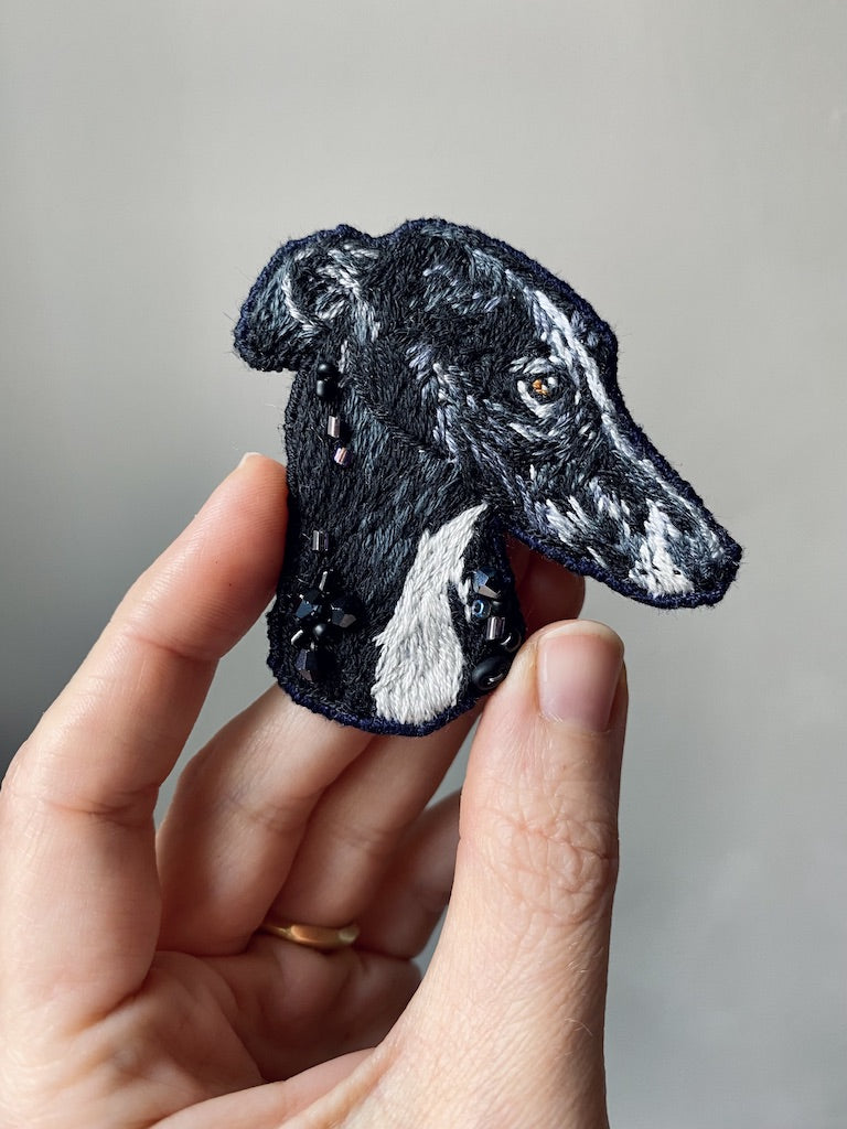 Handmade Embroidered Brooch – Black Galgo