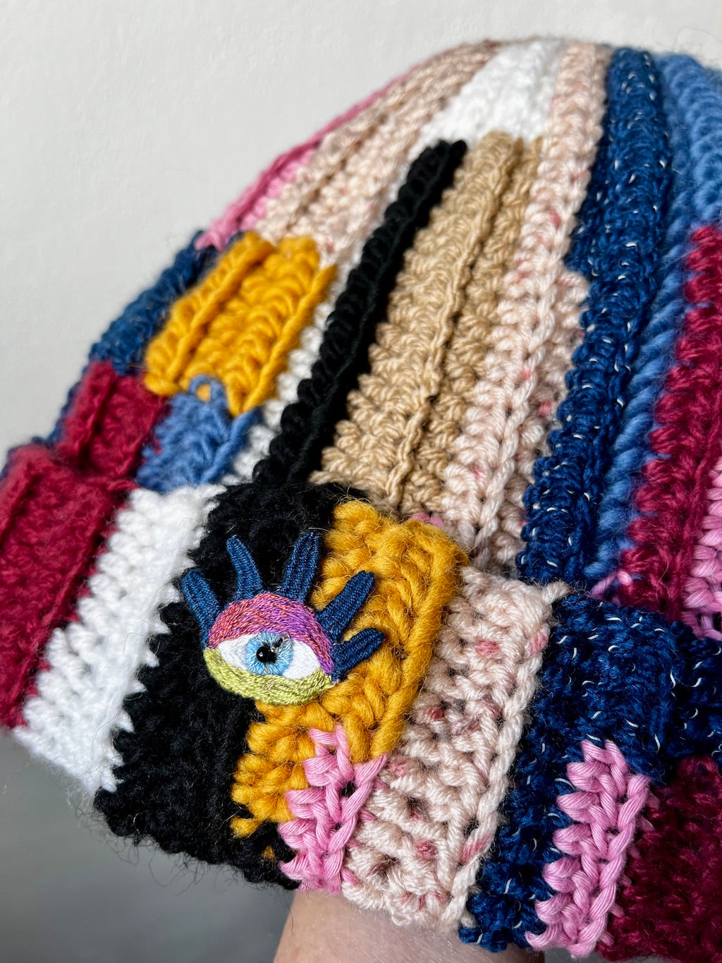 Handmade Crochet Beanie – Eye Embroidery (Colorful) with Mixed Yarn
