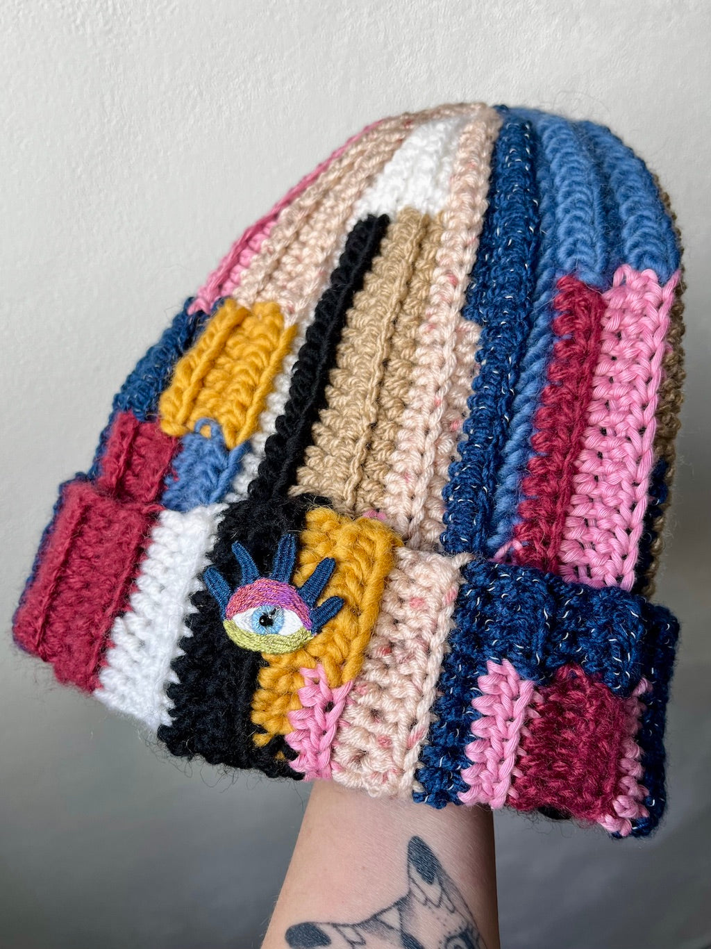 Handmade Crochet Beanie – Eye Embroidery (Colorful) with Mixed Yarn