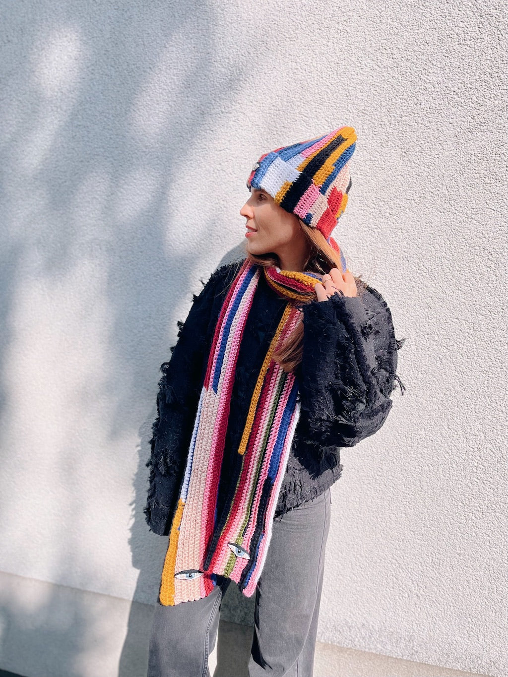 Handmade Crochet Beanie – Eye Embroidery (Colorful) with Mixed Yarn