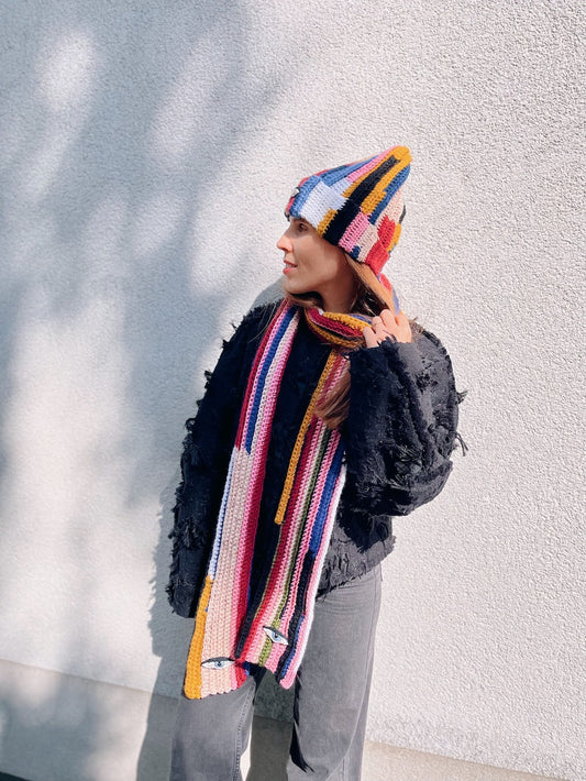 Handmade Crochet Beanie – Eye Embroidery (Colorful) with Mixed Yarn