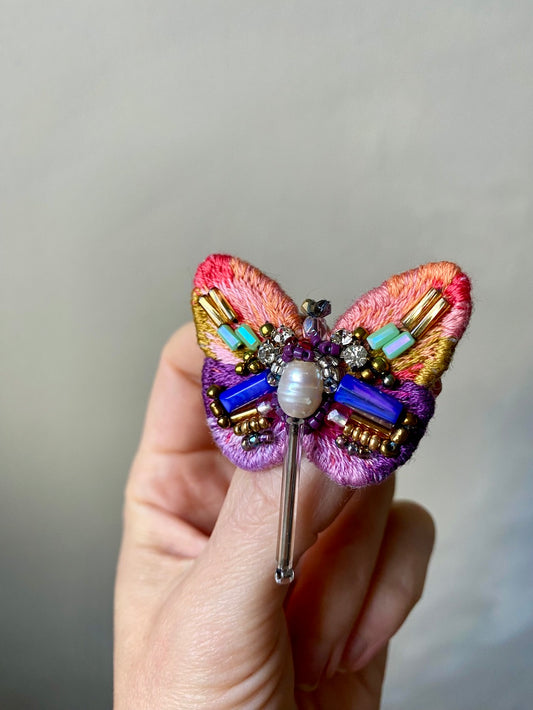 Hand-embroidered tropical butterfly brooch with glass beads, handmade in Vienna