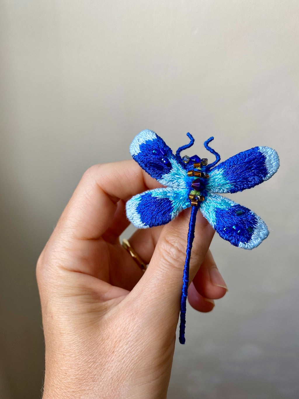Handmade Embroidered Brooch – Deep Blue Dragonfly