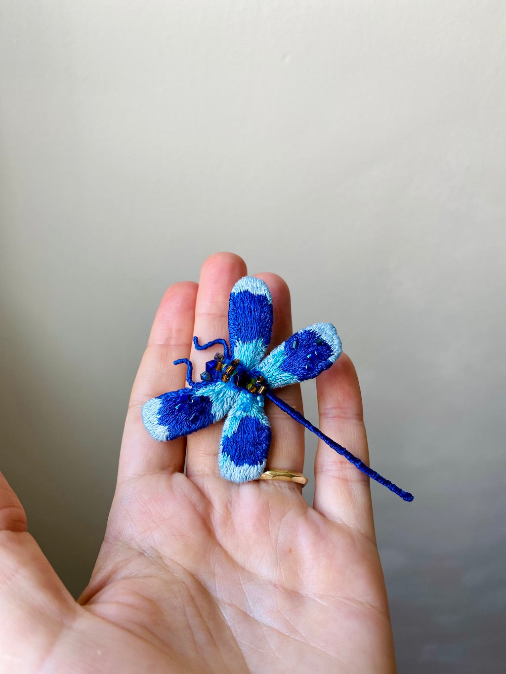 Handmade Embroidered Brooch – Deep Blue Dragonfly