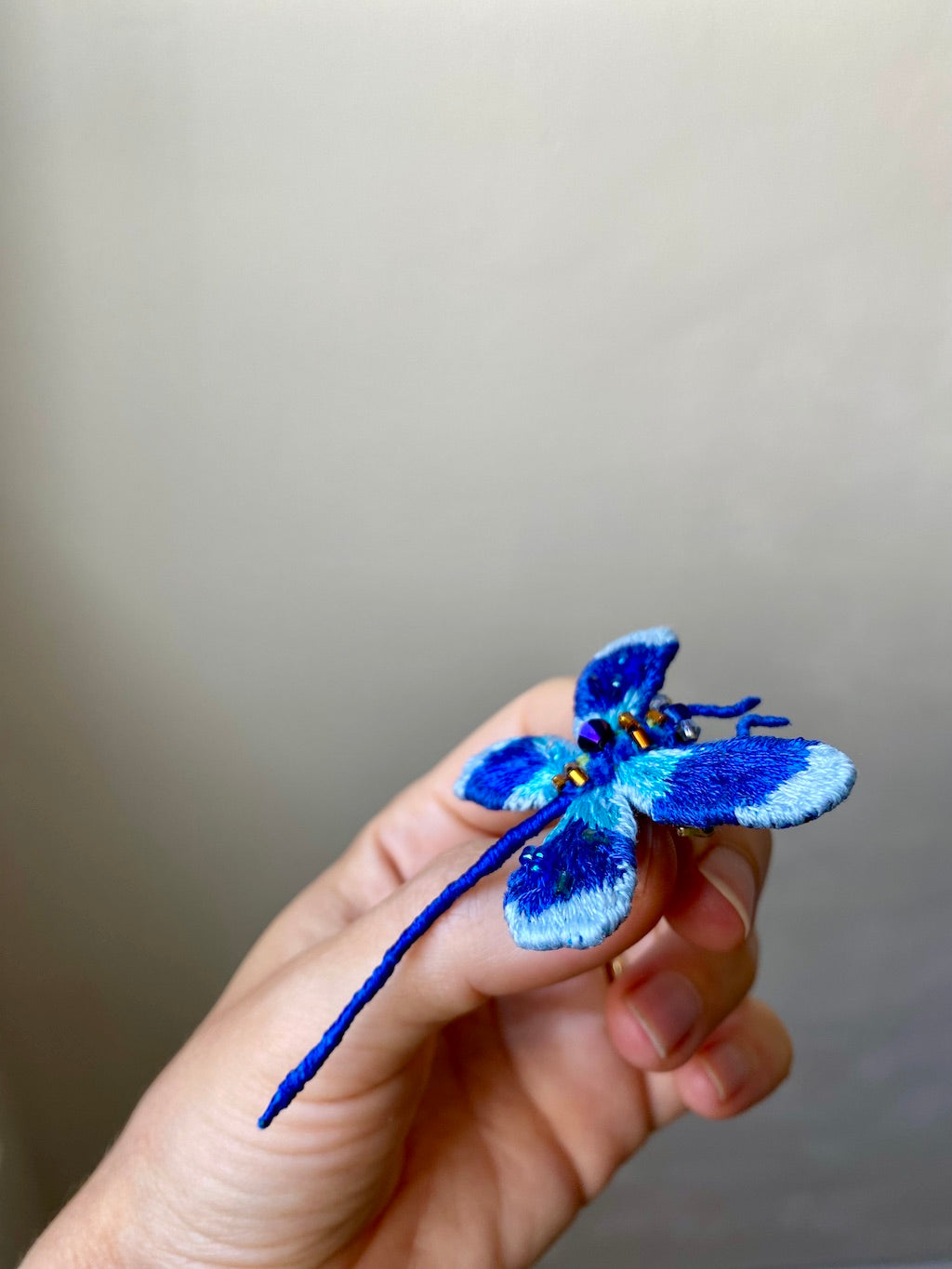 Handmade Embroidered Brooch – Deep Blue Dragonfly
