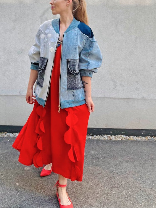 Denim Collage Art Bomber Jacket with Hand-Stitched Lion — Lined (Size M)