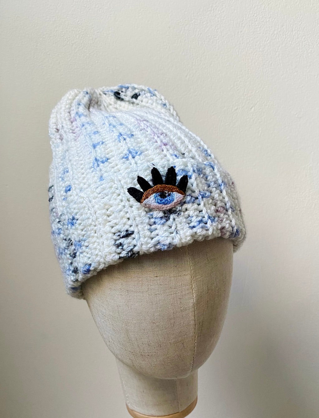 Handmade Crochet Beanie – Eye Embroidery (Pastel Speckle)