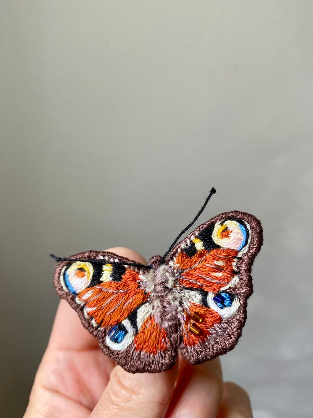 Handmade Embroidered Brooch – Peacock Butterfly