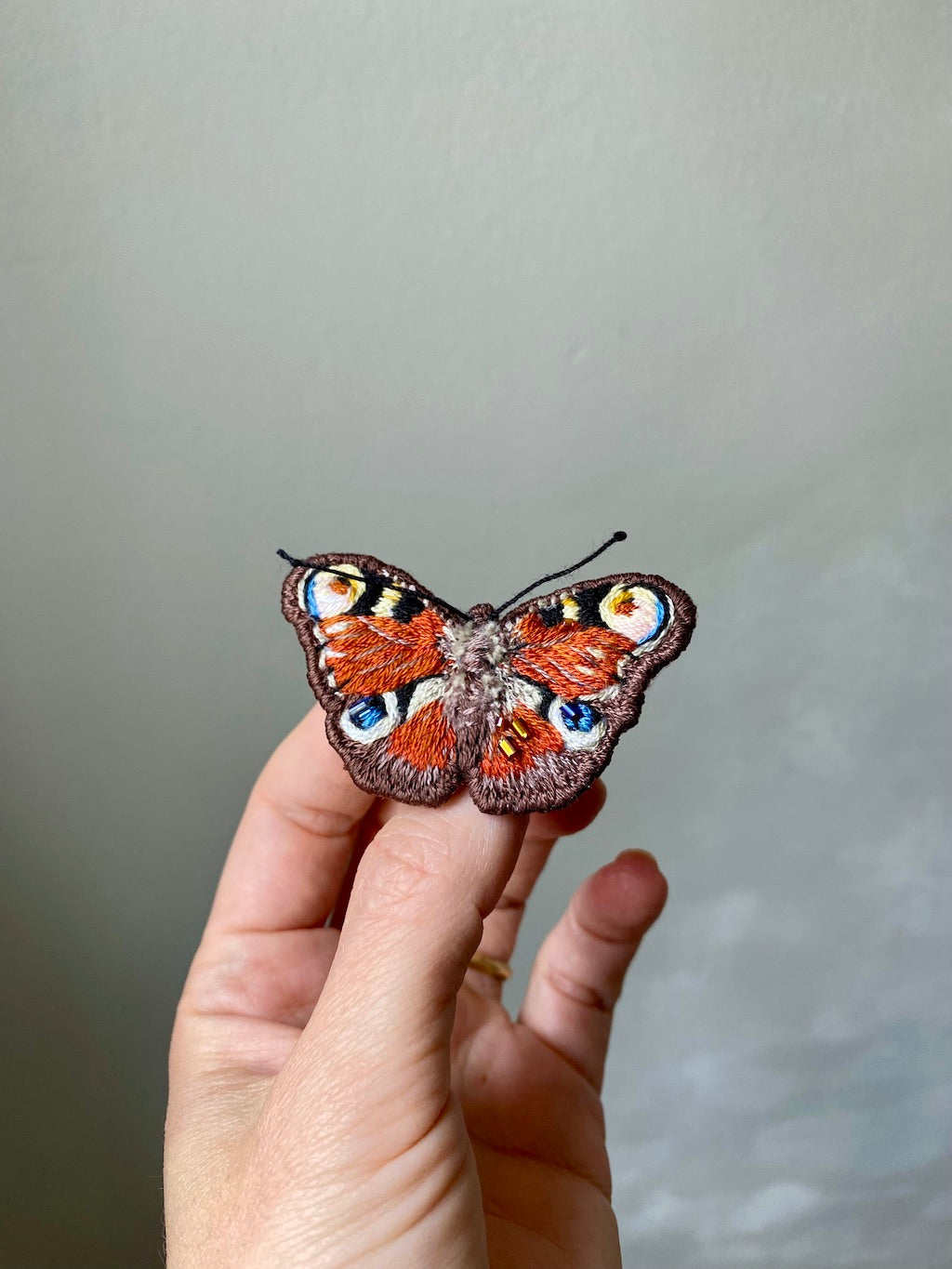Handmade Embroidered Brooch – Peacock Butterfly