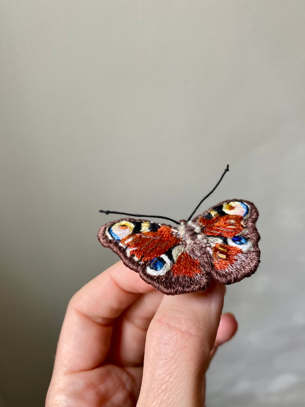 Handmade Embroidered Brooch – Peacock Butterfly