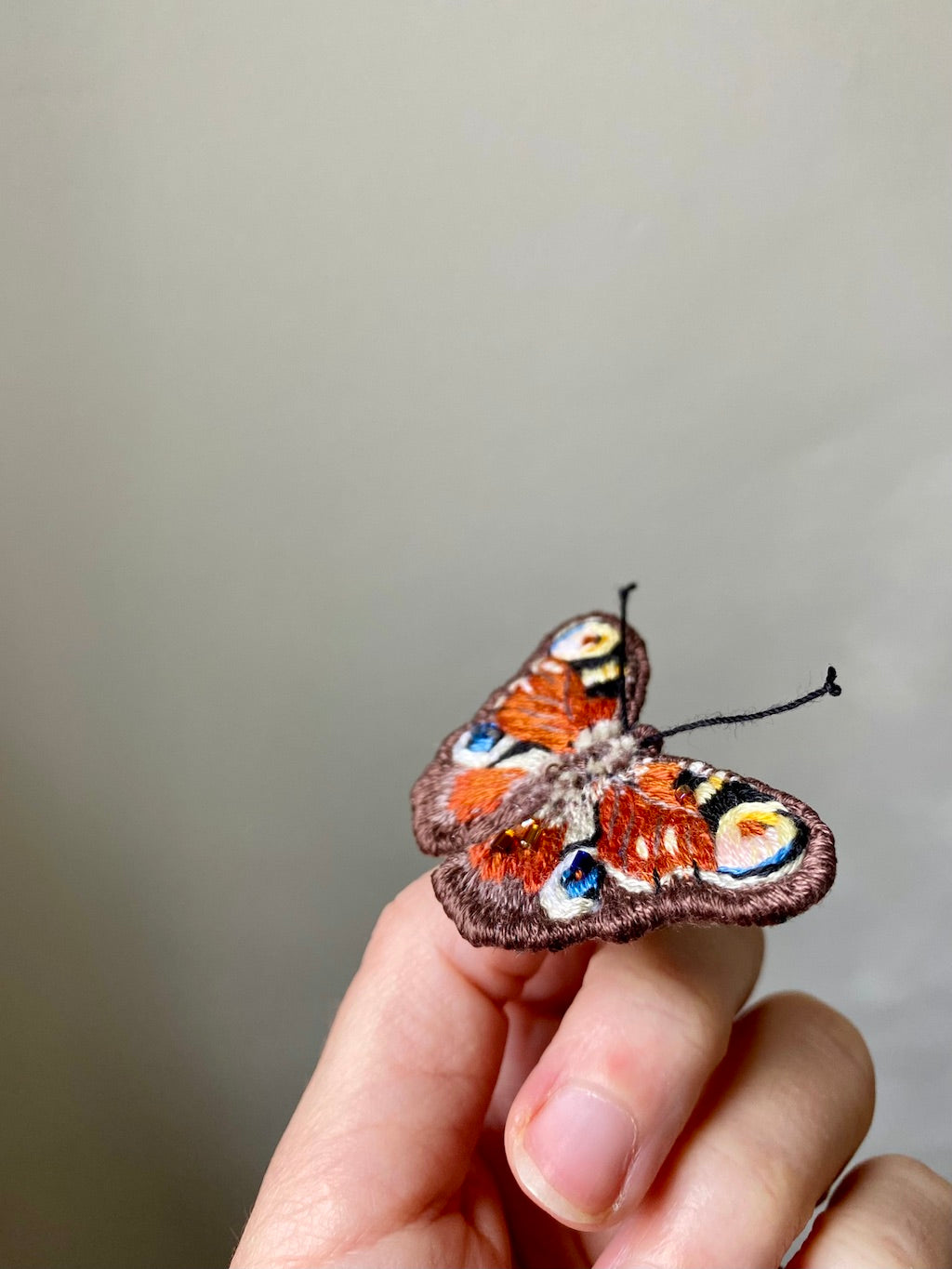 Handmade Embroidered Brooch – Peacock Butterfly