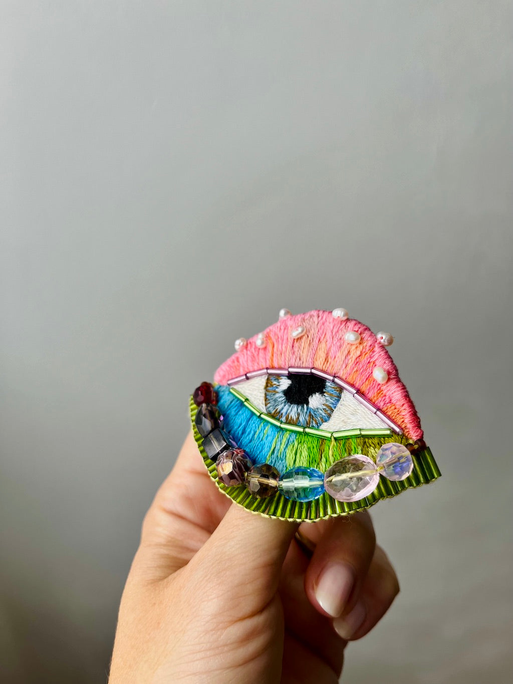 Hand-Embroidered Eye Brooch with Freshwater Pearls
