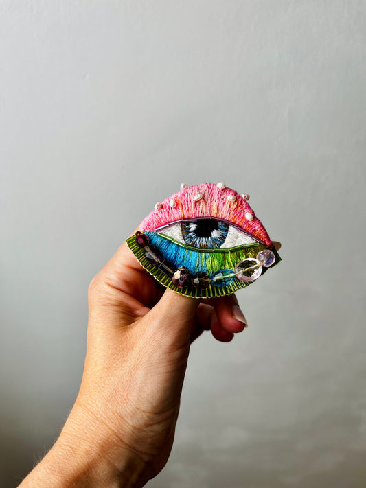 Hand-Embroidered Eye Brooch with Freshwater Pearls