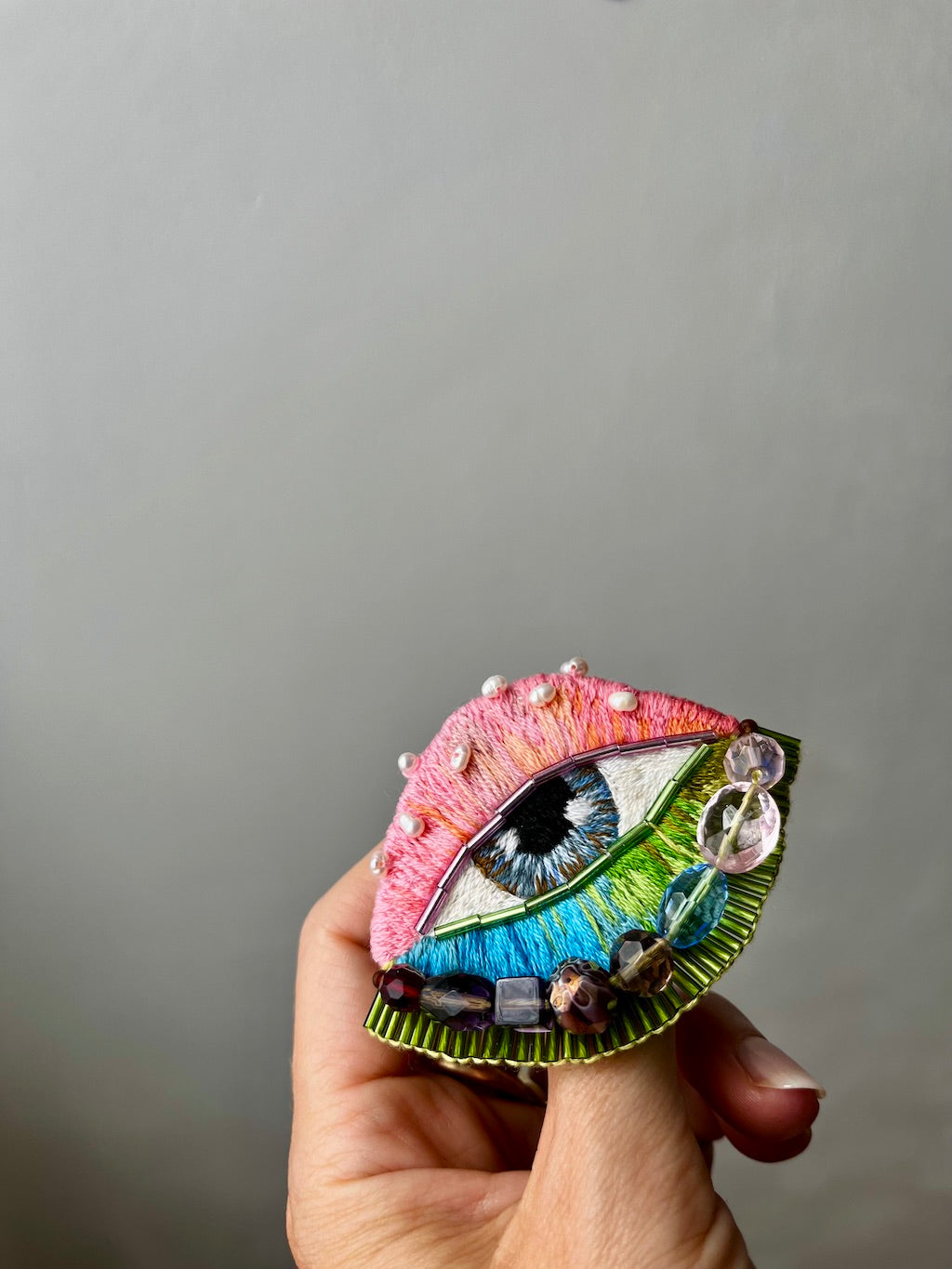 Hand-Embroidered Eye Brooch with Freshwater Pearls