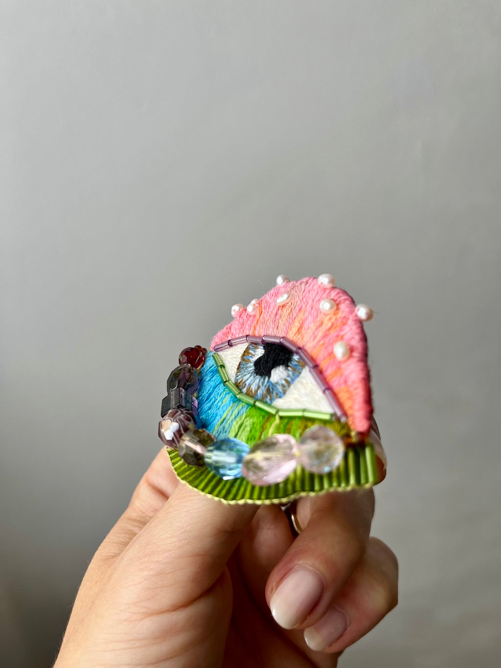 Hand-Embroidered Eye Brooch with Freshwater Pearls