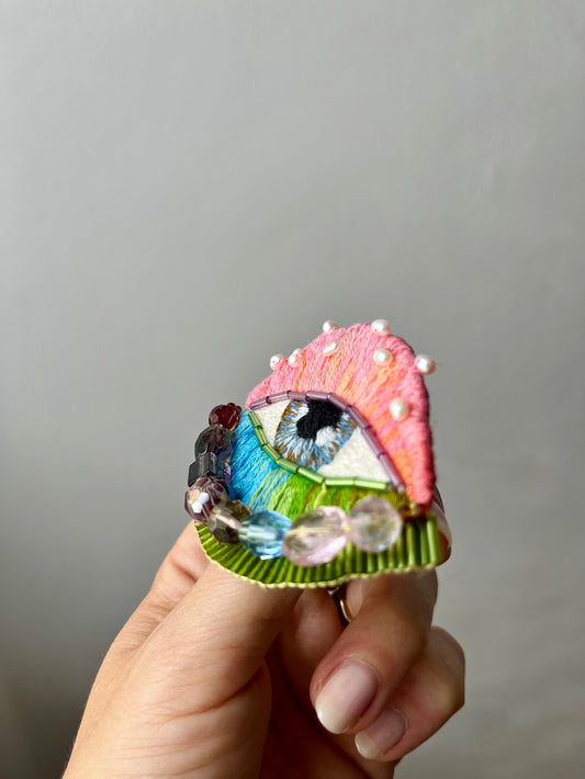 Hand-Embroidered Eye Brooch with Freshwater Pearls