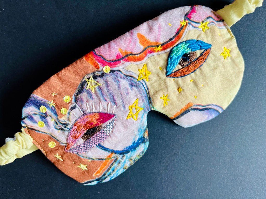 Handmade Sleep Mask – Hand-Embroidered Whimsical Eyes (Colourful)