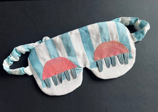 Handmade Sleep Mask – Hand-Embroidered Eyes (Striped Fabric)