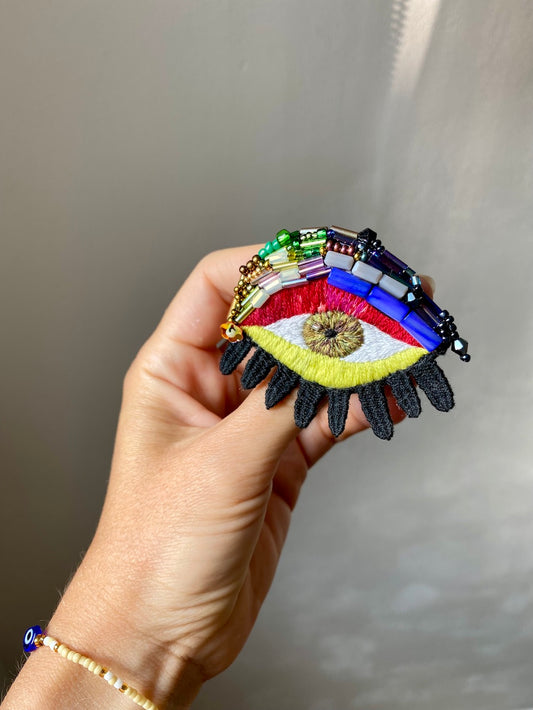 Handmade Embroidered Brooch – Rainbow Eye