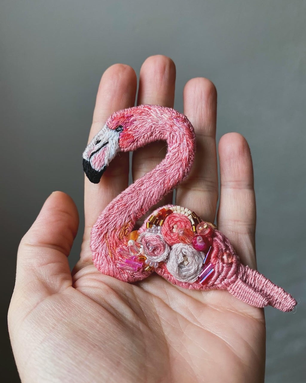 Handmade Embroidered Brooch – Pink Flamingo