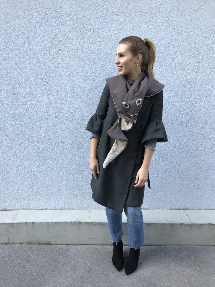 Mocca brown fox-shaped scarf with recycled white button eyes, one-of-a-kind.