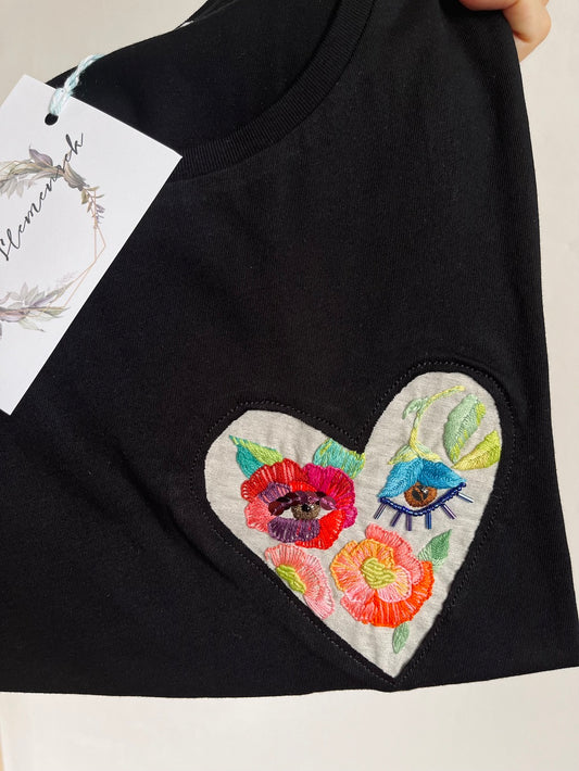Hand-Embroidered T-Shirt — Garden Heart Flower Eyes (Black, L)