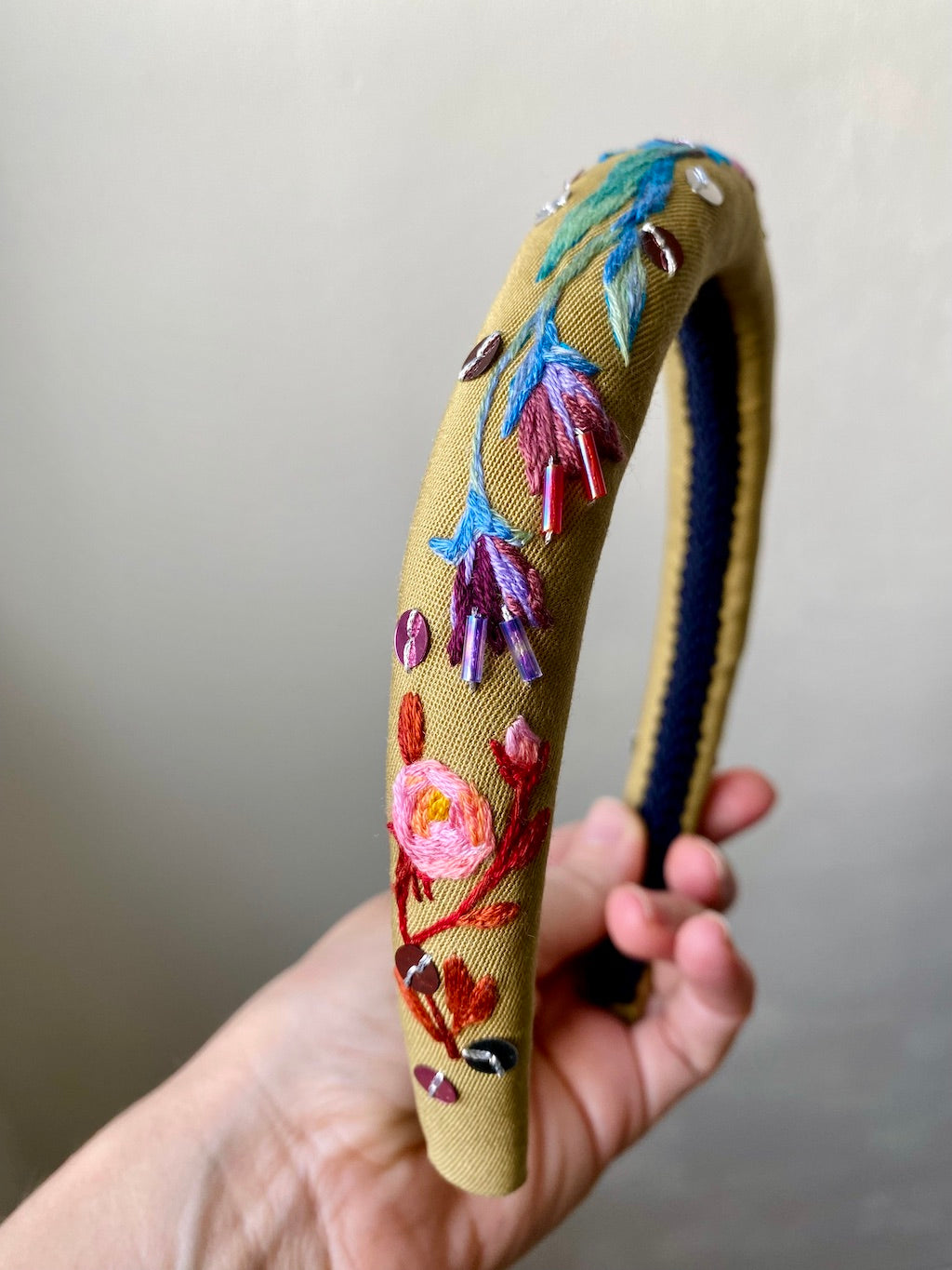 Handmade Embroidered Headband – Flowers (Golden Yellow)