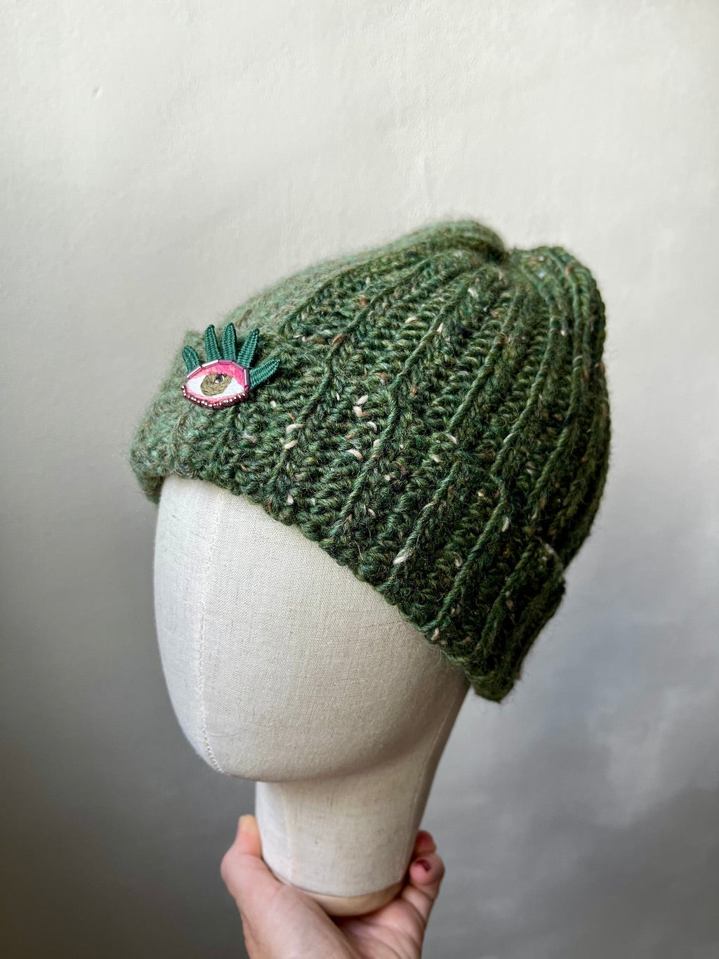 Handmade Crochet Beanie – Eye Embroidery (Green) with Upcycled Yarn