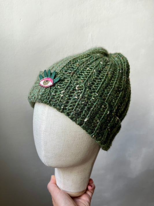 Handmade Crochet Beanie – Eye Embroidery (Green) with Upcycled Yarn