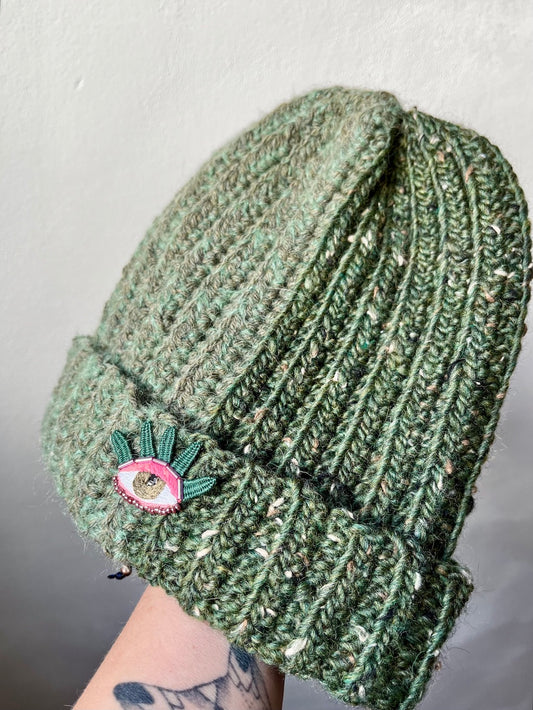 Handmade Crochet Beanie – Eye Embroidery (Green) with Upcycled Yarn
