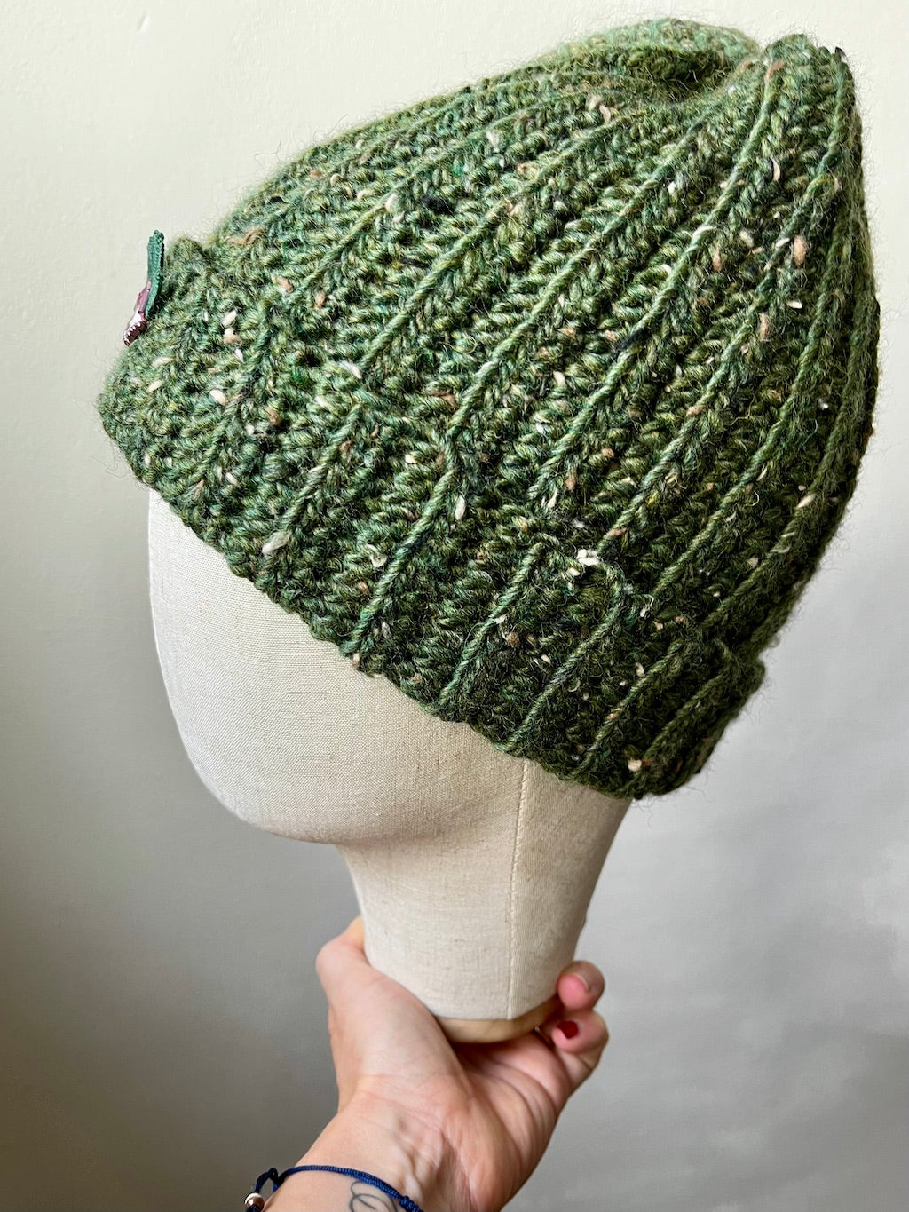Handmade Crochet Beanie – Eye Embroidery (Green) with Upcycled Yarn