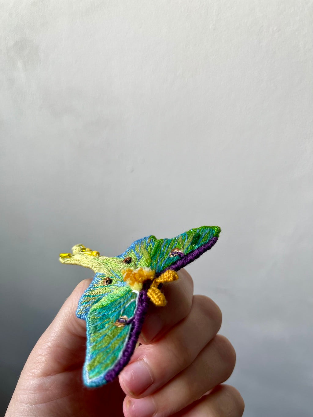 Handmade Embroidered Brooch – Green Luna Moth