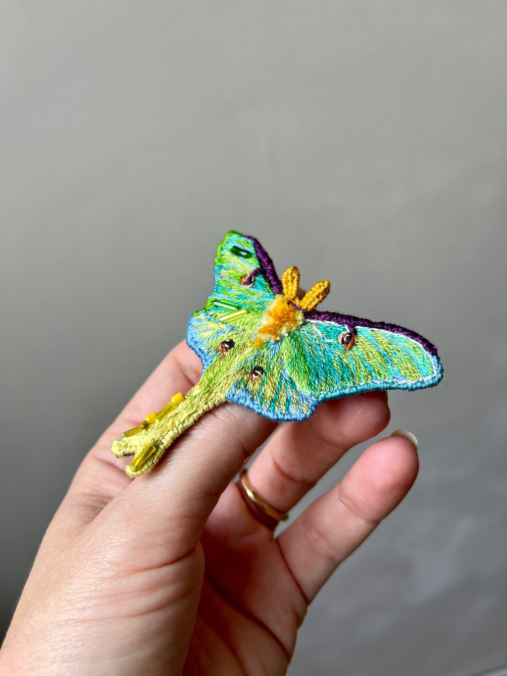 Handmade Embroidered Brooch – Green Luna Moth