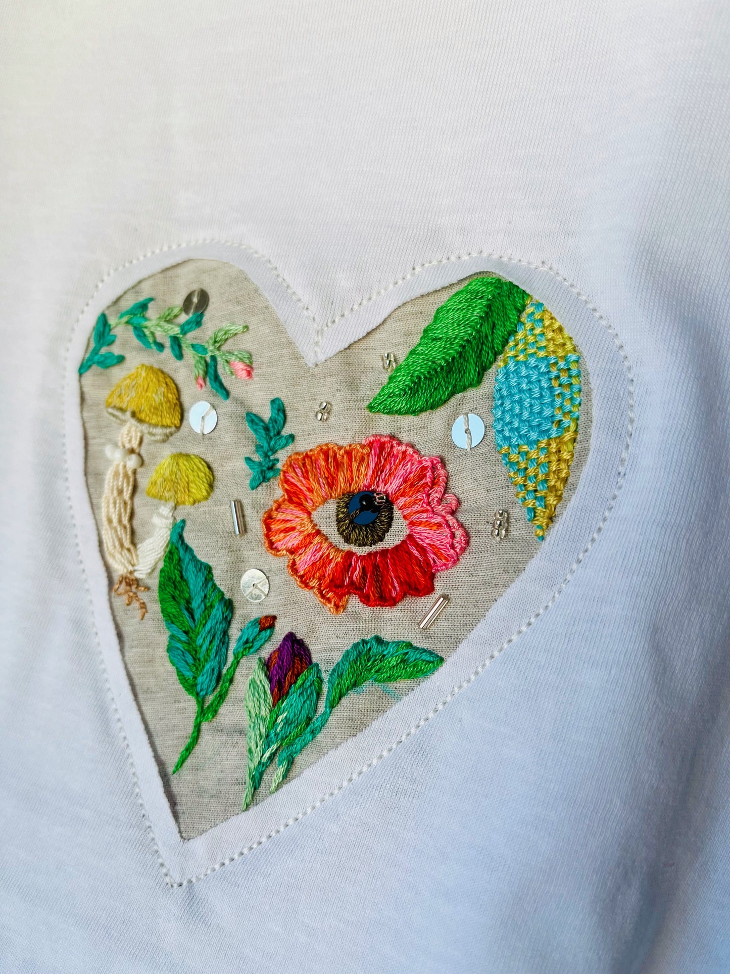 Hand-Embroidered T-Shirt — Garden Heart with Flower Eye (White, XL)
