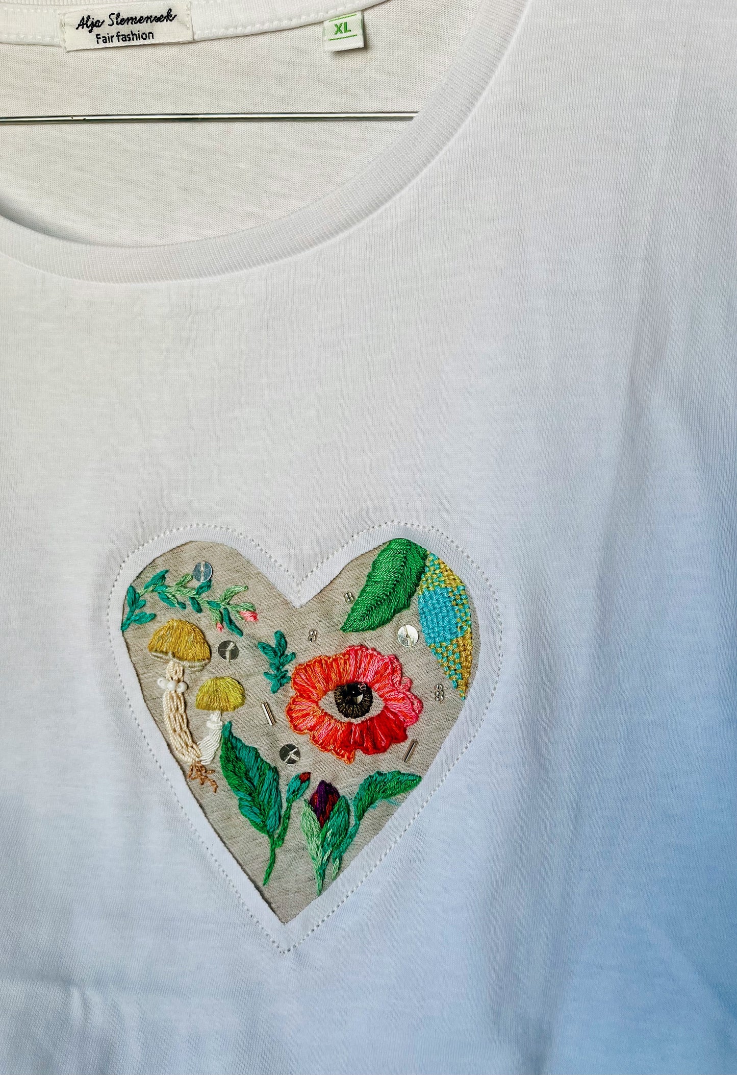 Hand-Embroidered T-Shirt — Garden Heart with Flower Eye (White, XL)