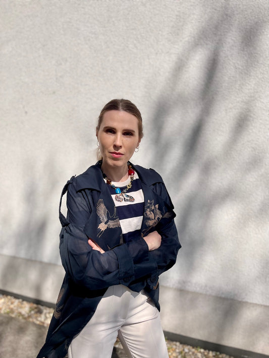 Handmade Black Trench Coat with Crane Print — Poplin Cotton (Size M)