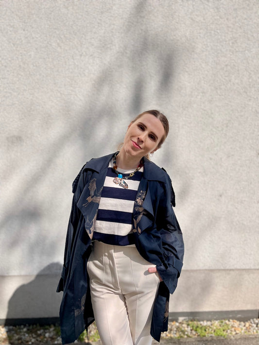 Handmade Black Trench Coat with Crane Print — Poplin Cotton (Size M)