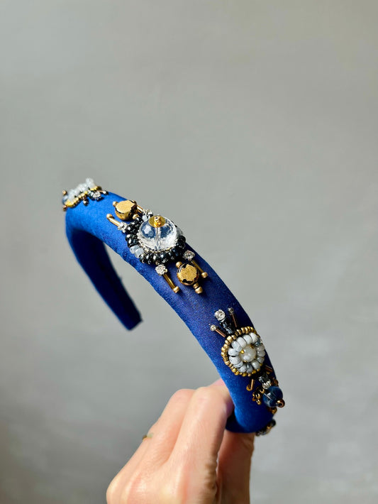 Handmade Beaded Headband – Royal Blue with Crystals