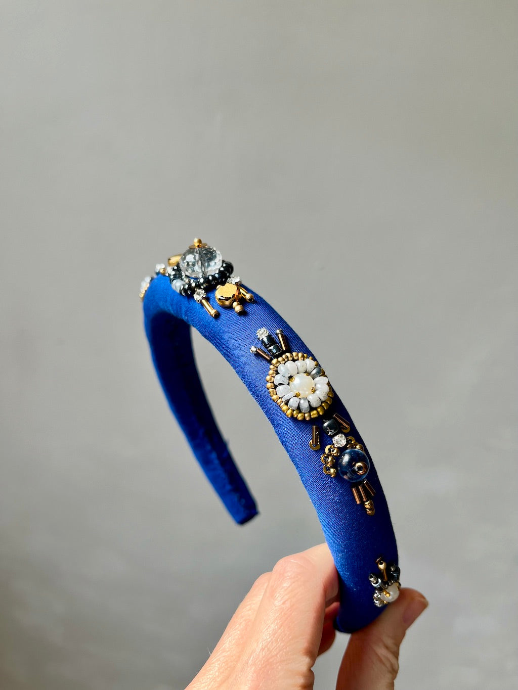 Handmade Beaded Headband – Royal Blue with Crystals