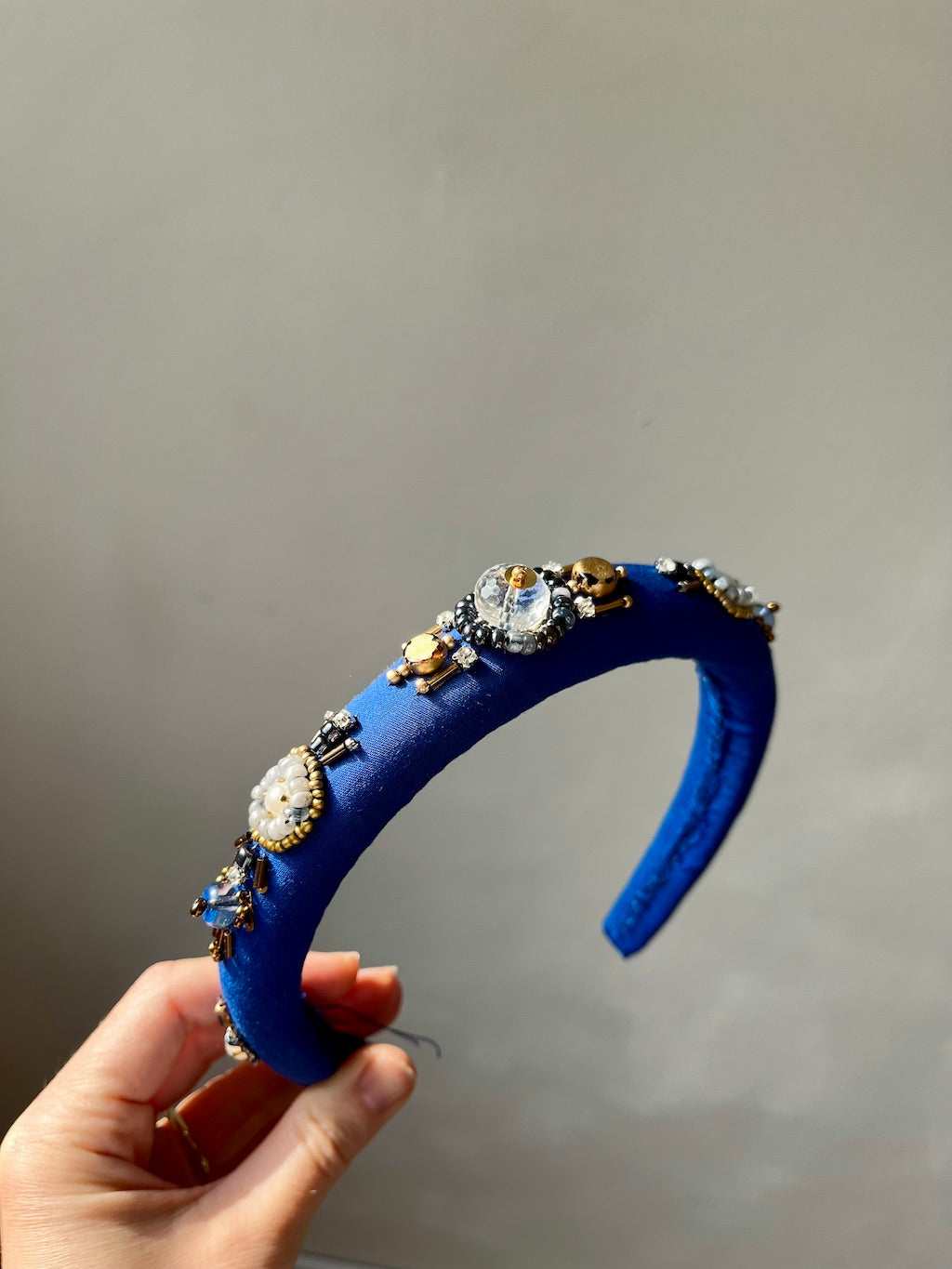 Handmade Beaded Headband – Royal Blue with Crystals
