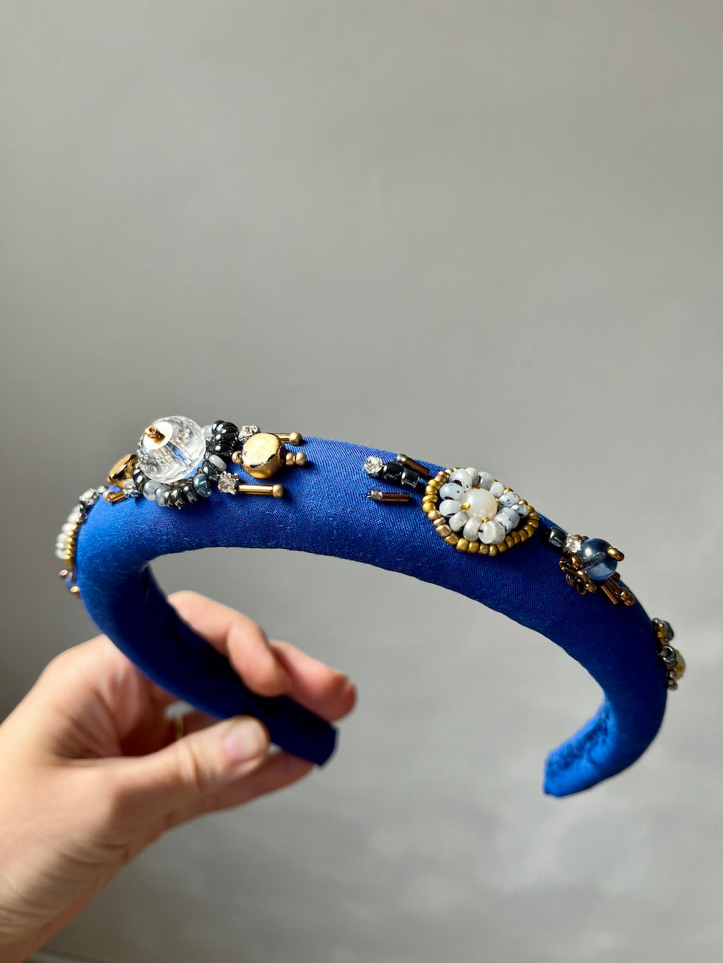 Handmade Beaded Headband – Royal Blue with Crystals